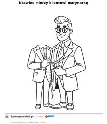 Krawiec mierzy klientowi marynarkę — kolorowanka do wydruku dla dzieci