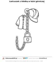 Łańcuszek z kłódką w łaźni górniczej — kolorowanka górnik i kopalnia do wydruku