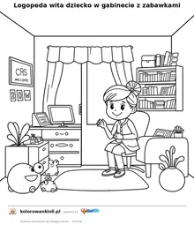 Logopeda wita dziecko w gabinecie z zabawkami — kolorowanka do wydruku dla dzieci