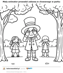Maly animator prowadzi zabawę w chowanego w parku — kolorowanka do wydruku dla dzieci