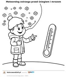 Meteorolog ostrzega przed śniegiem i mrozem — kolorowanka do wydruku dla dzieci