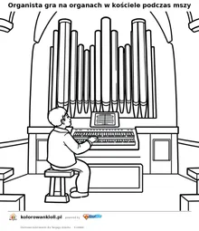 Organista gra na organach w kościele podczas mszy — kolorowanka do wydruku dla dzieci