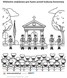 Orkiestra wojskowa gra hymn przed trybuną honorową — kolorowanka do wydruku dla dzieci