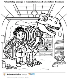 Paleontolog pracuje w laboratorium nad szkieletem dinozaura — kolorowanka do wydruku dla dzieci
