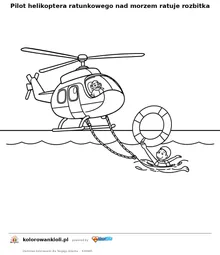 Pilot helikoptera ratunkowego nad morzem ratuje rozbitka — kolorowanka do wydruku dla dzieci