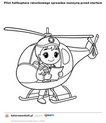 Pilot helikoptera ratunkowego sprawdza maszynę przed startem — kolorowanka do wydruku dla dzieci