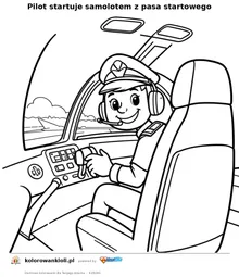 Pilot startuje samolotem z pasa startowego — kolorowanka do wydruku dla dzieci