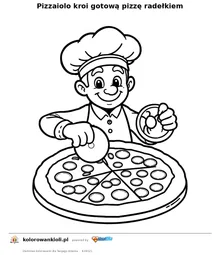 Pizzaiolo kroi gotową pizzę radełkiem — kolorowanka do wydruku dla dzieci