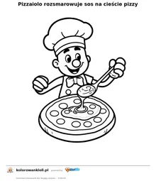 Pizzaiolo rozsmarowuje sos na cieście pizzy — kolorowanka do wydruku dla dzieci