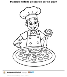 Pizzaiolo układa pieczarki i ser na pizzy — kolorowanka do wydruku dla dzieci