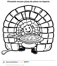 Pizzaiolo wsuwa pizzę do pieca na łopacie — kolorowanka do wydruku dla dzieci