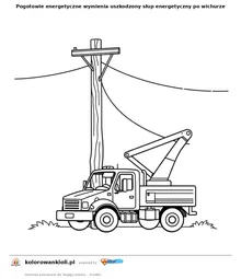 Pogotowie energetyczne wymienia uszkodzony słup energetyczny po wichurze — kolorowanka do wydruku dla dzieci