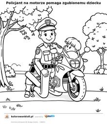 Policjant na motorze pomaga zgubionemu dziecku — kolorowanka do wydruku dla dzieci