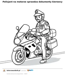 Policjant na motorze sprawdza dokumenty kierowcy — kolorowanka do wydruku dla dzieci