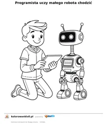 Programista uczy małego robota chodzić — kolorowanka do wydruku dla dzieci