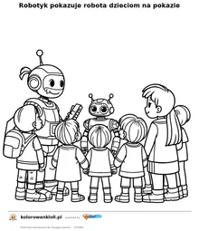 Robotyk pokazuje robota dzieciom na pokazie — kolorowanka do wydruku dla dzieci