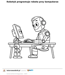 Robotyk programuje robota przy komputerze — kolorowanka do wydruku dla dzieci