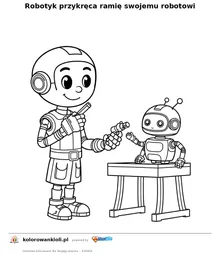 Robotyk przykręca ramię swojemu robotowi — kolorowanka do wydruku dla dzieci