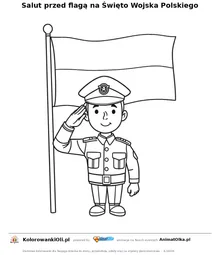 Salut przed flagą na Święto Wojska Polskiego — kolorowanka żołnierz do wydruku
