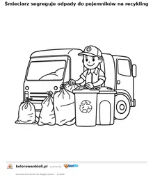 Śmieciarz segreguje odpady do pojemników na recykling — kolorowanka do wydruku dla dzieci
