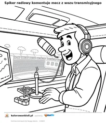 Spiker radiowy komentuje mecz z wozu transmisyjnego — kolorowanka do wydruku dla dzieci