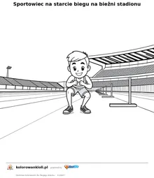 Sportowiec na starcie biegu na bieżni stadionu — kolorowanka do wydruku dla dzieci