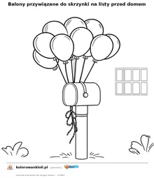 Balony przywiązane do skrzynki na listy przed domem — kolorowanka do wydruku dla dzieci