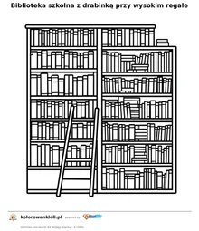 Biblioteka szkolna z drabinką przy wysokim regale — kolorowanka do wydruku dla dzieci