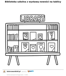 Biblioteka szkolna z wystawą nowości na tablicy — kolorowanka do wydruku dla dzieci