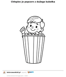 Chłopiec je popcorn z dużego kubełka — kolorowanka do wydruku dla dzieci