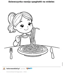 Dziewczynka nawija spaghetti na widelec — kolorowanka do wydruku dla dzieci