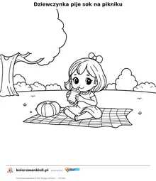 Dziewczynka pije sok na pikniku — kolorowanka do wydruku dla dzieci