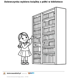 Dziewczynka wybiera książkę z półki w bibliotece — kolorowanka do wydruku dla dzieci