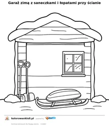 Garaż zimą z saneczkami i łopatami przy ścianie — kolorowanka do wydruku dla dzieci