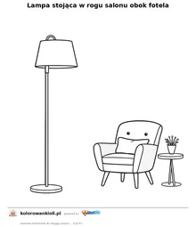 Lampa stojąca w rogu salonu obok fotela — kolorowanka do wydruku dla dzieci