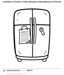 Lodówka w kuchni z listą zakupów przyczepioną na froncie — kolorowanka do wydruku dla dzieci