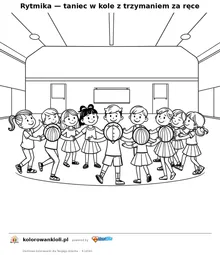 Rytmika — taniec w kole z trzymaniem za ręce — kolorowanka do wydruku dla dzieci