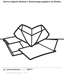 Serce origami złożone z kolorowego papieru na biurku — kolorowanka do wydruku dla dzieci