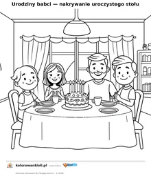 Urodziny babci — nakrywanie uroczystego stołu — kolorowanka do wydruku dla dzieci