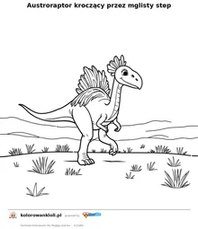 Austroraptor kroczący przez mglisty step — kolorowanka do wydruku dla dzieci
