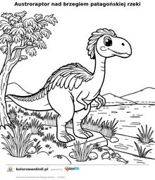 Austroraptor nad brzegiem patagońskiej rzeki — kolorowanka do wydruku dla dzieci