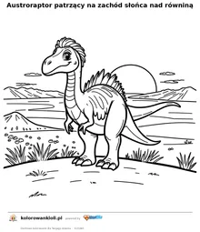 Austroraptor patrzący na zachód słońca nad równiną — kolorowanka do wydruku dla dzieci
