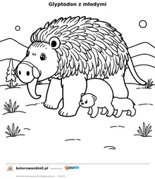 Glyptodon z młodymi — kolorowanka do wydruku dla dzieci