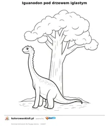 Iguanodon pod drzewem iglastym — kolorowanka do wydruku dla dzieci