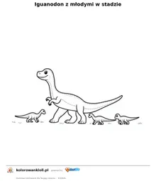 Iguanodon z młodymi w stadzie — kolorowanka do wydruku dla dzieci