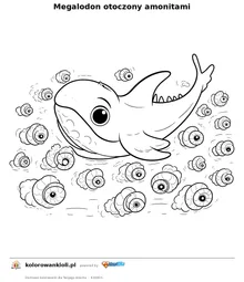 Megalodon otoczony amonitami — kolorowanka do wydruku dla dzieci