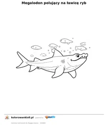 Megalodon polujący na ławicę ryb — kolorowanka do wydruku dla dzieci