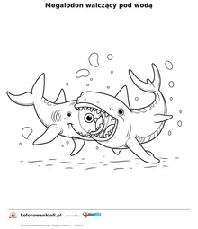 Megalodon walczący pod wodą — kolorowanka do wydruku dla dzieci