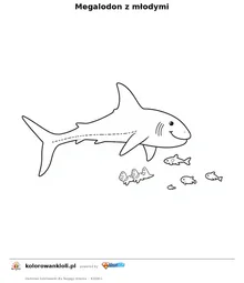 Megalodon z młodymi — kolorowanka do wydruku dla dzieci