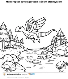 Mikroraptor szybujący nad leśnym strumykiem — kolorowanka do wydruku dla dzieci